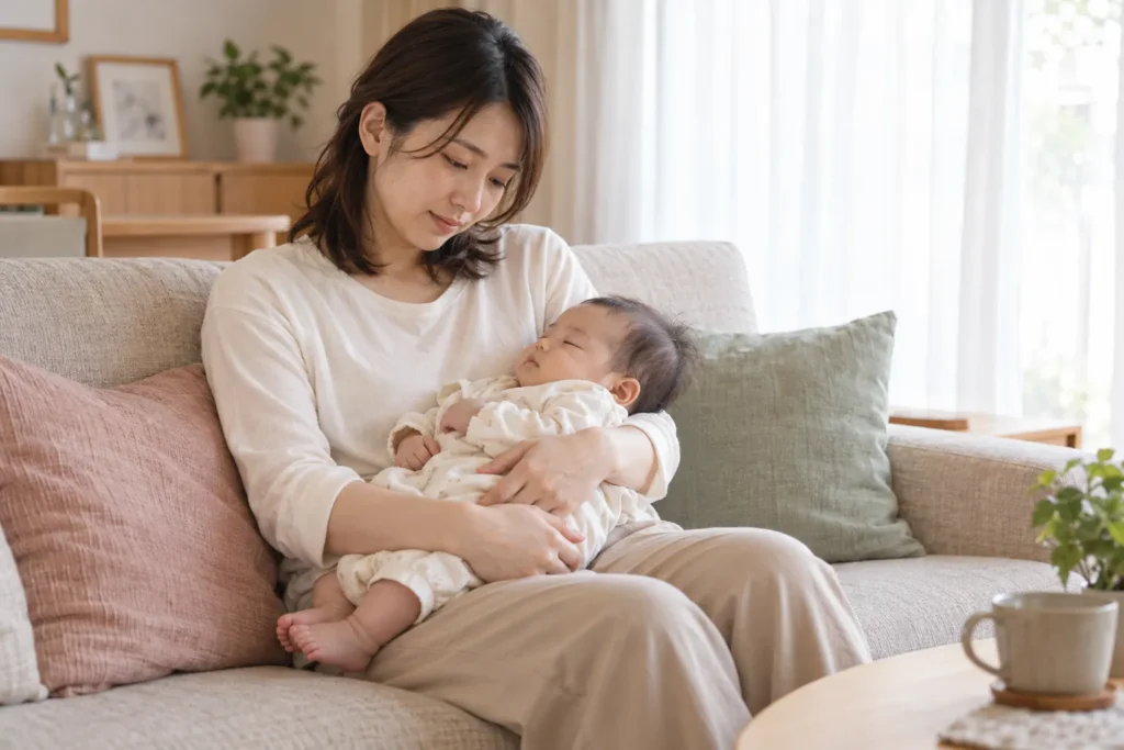 赤ちゃんを抱っこして休憩するママの画像