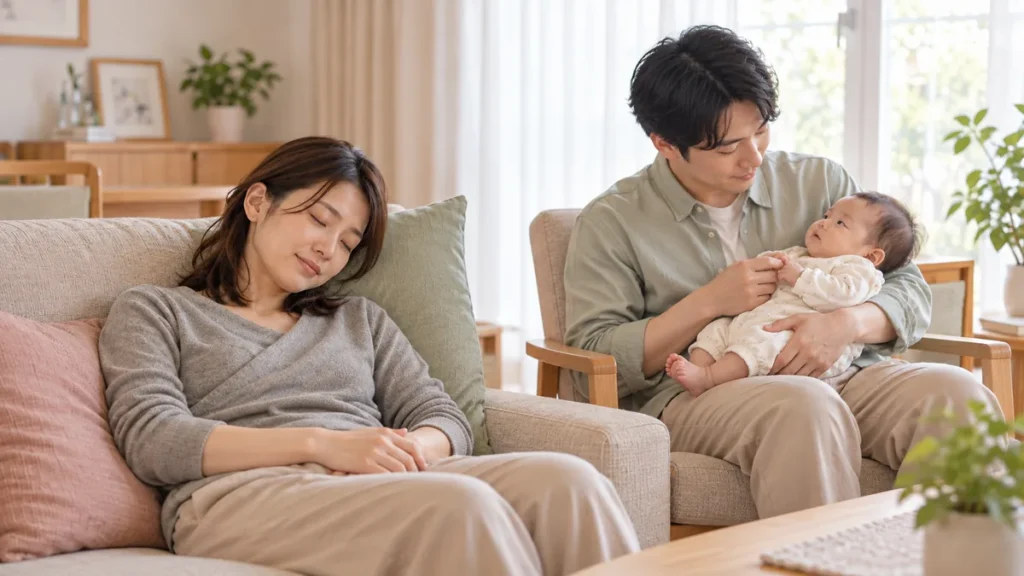 赤ちゃんを抱っこするパパと休憩しているママの画像