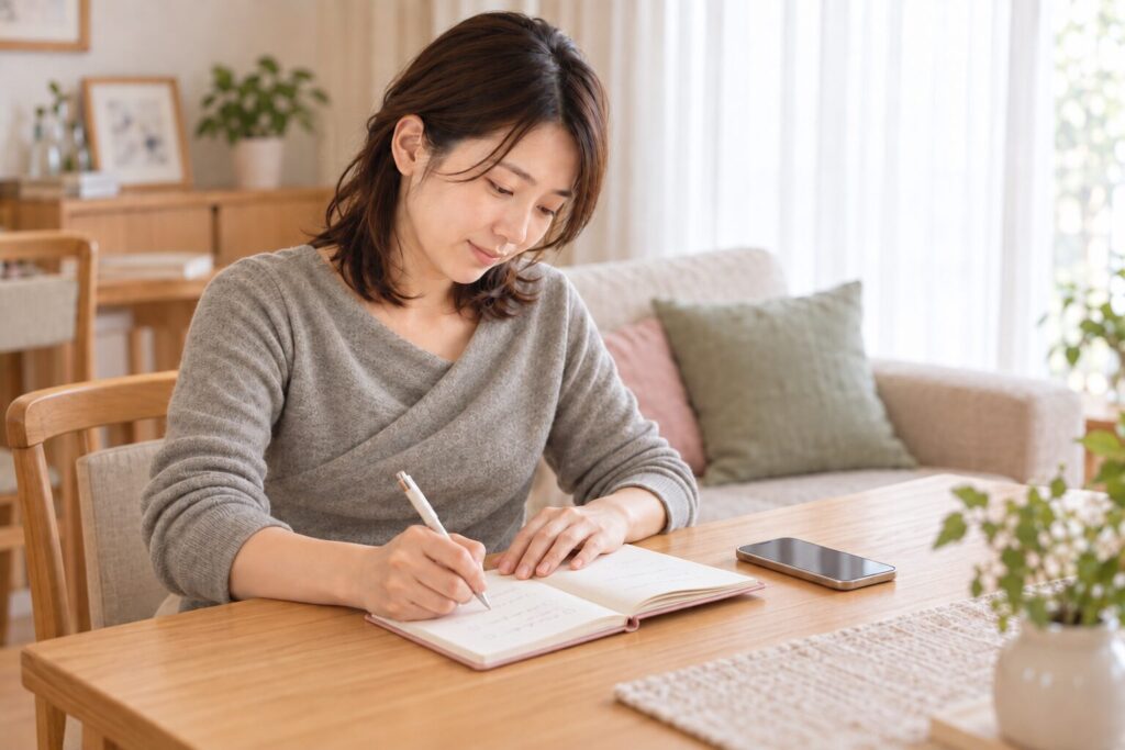 予定をスケジュール帳に書き出す女性の画像