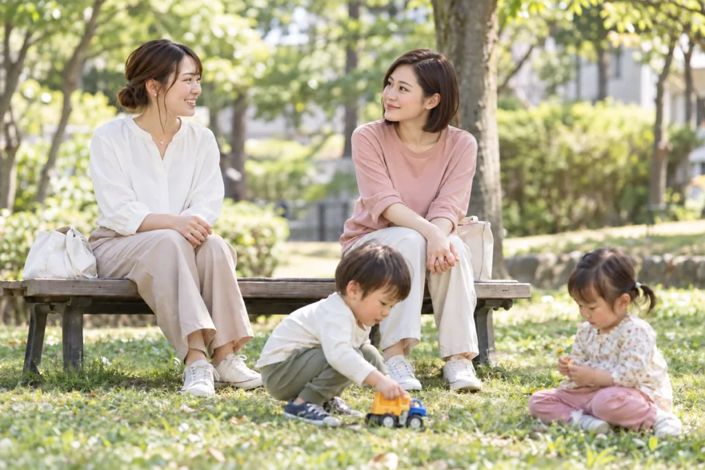公園で子供を遊ばせながら会話するママたちの画像